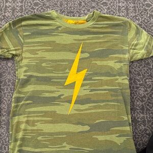 Aviator Nation Kids Green Camouflage Tee with Yellow Lightning Bolt